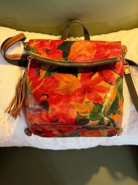 Patricia Nash Red Orange Floral Convertible Leather Backpack Crossbody